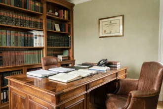 Bureau d'un cabinet d'avocat en Haute-Marne avec des livres juridiques et des documents officiels sur un bureau en bois