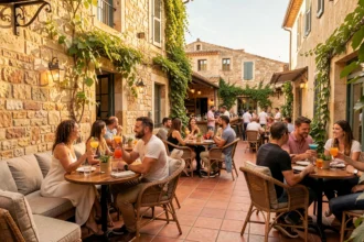 Terrasse animée d'un bar de l'Hérault avec cocktails colorés et architecture méditerranéenne au coucher du soleil