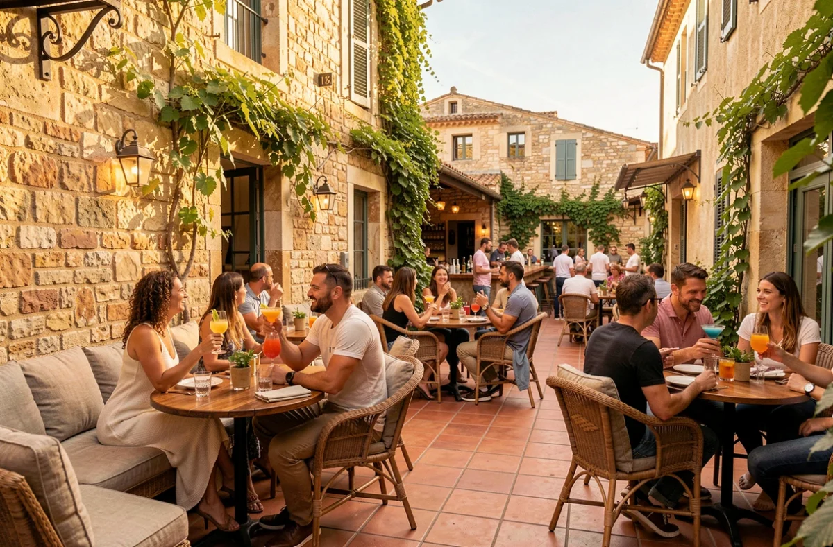 Terrasse animée d'un bar de l'Hérault avec cocktails colorés et architecture méditerranéenne au coucher du soleil