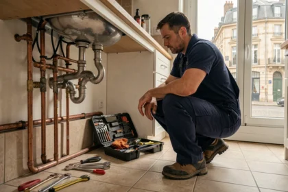 Plombier professionnel travaillant sous un évier dans un appartement moderne à Cherbourg-en-Cotentin