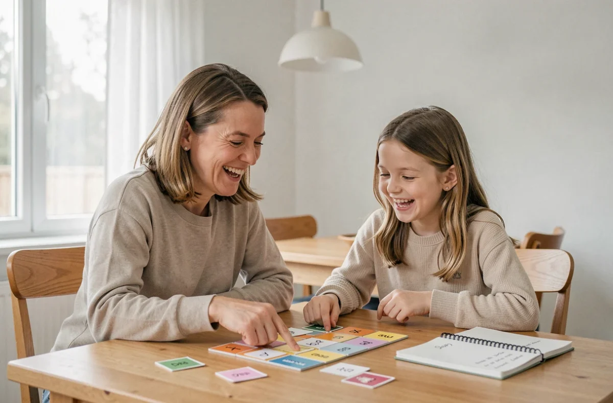 Mère et fille riant ensemble en jouant à un jeu de mots éducatif autour d'une table