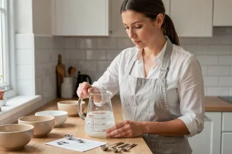 Femme mesurant un volume de liquide dans une cuisine avec un verre gradué en millilitres et centilitres