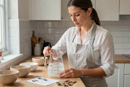 Femme mesurant un volume de liquide dans une cuisine avec un verre gradué en millilitres et centilitres