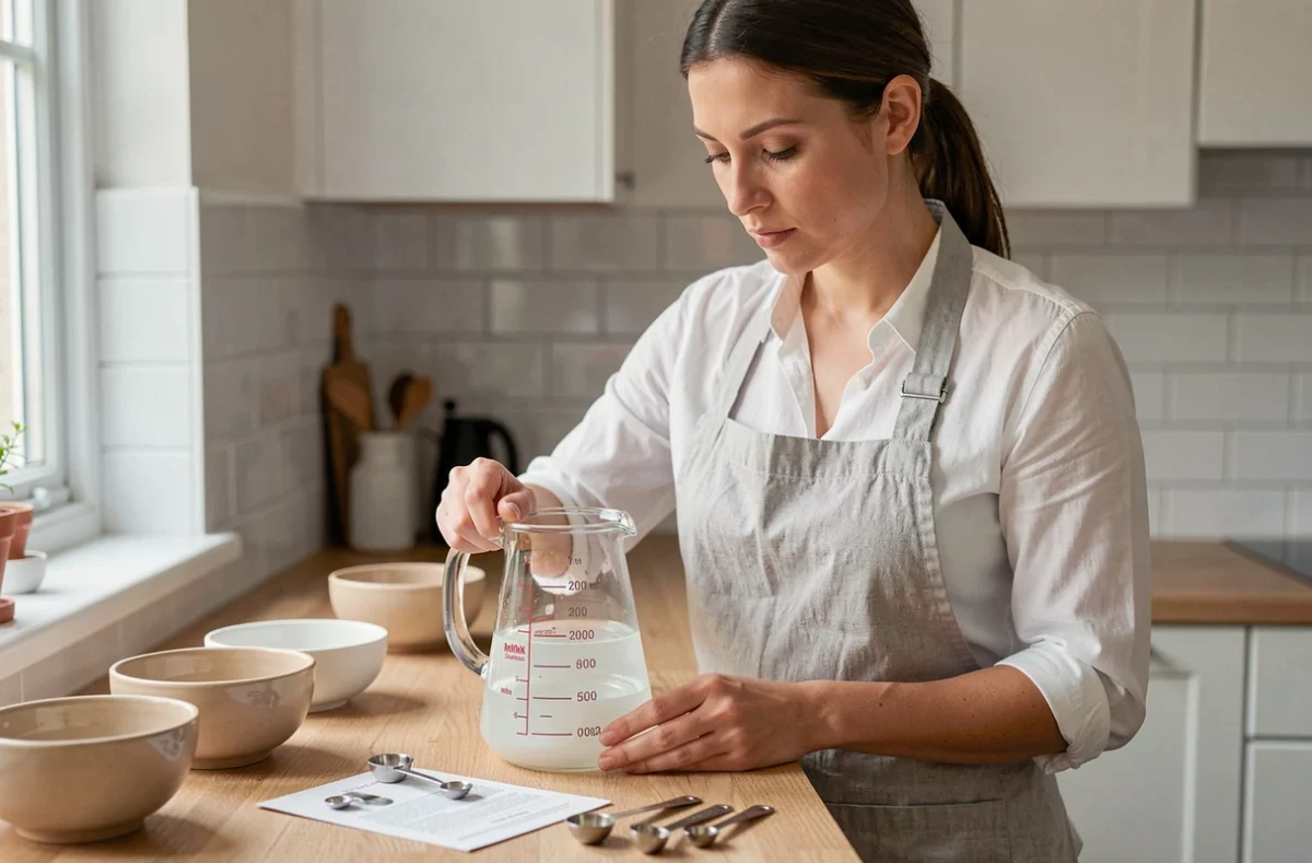 Femme mesurant un volume de liquide dans une cuisine avec un verre gradué en millilitres et centilitres