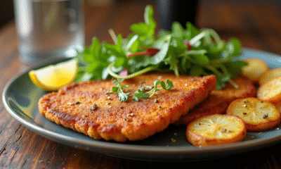 Schnitzel milanaise bien présentée sur une table en bois rustique