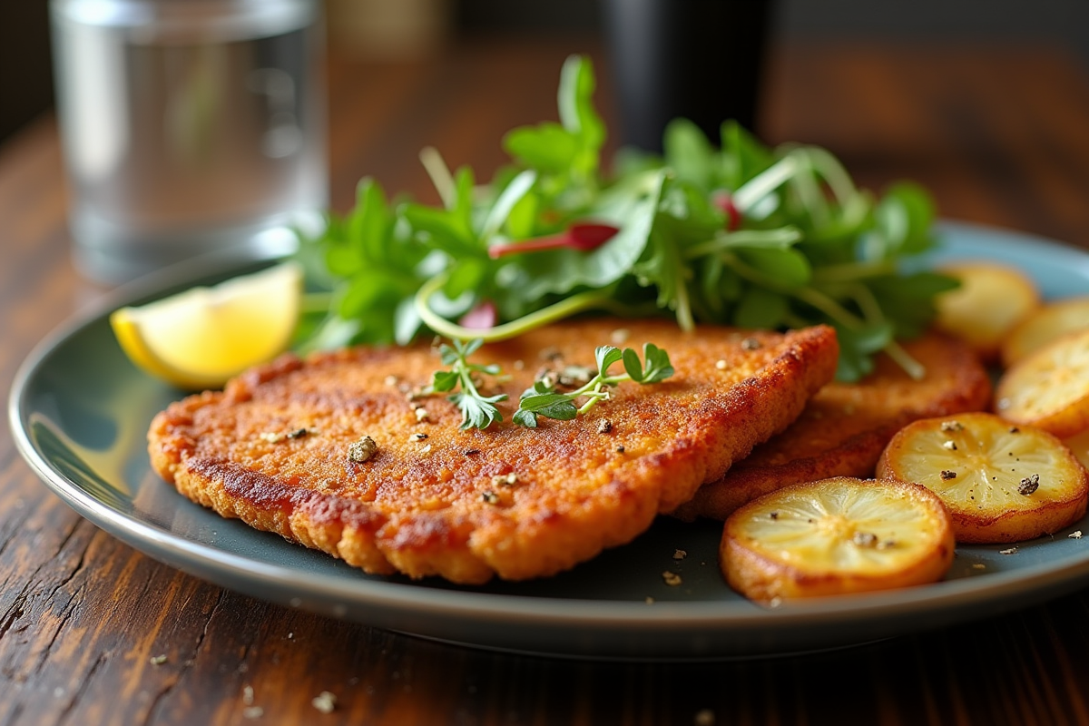 Schnitzel milanaise bien présentée sur une table en bois rustique