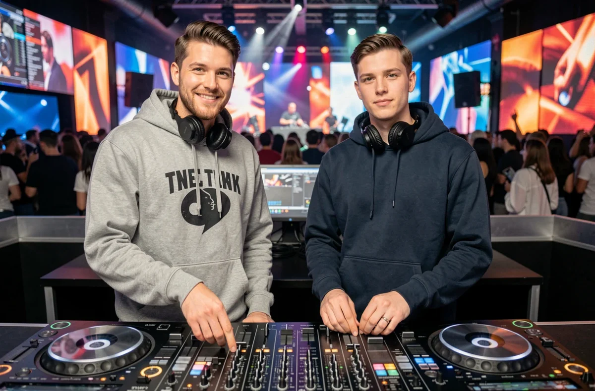 Le duo Mix and Match, deux DJs en tenue décontractée derrière leur table de mixage dans un club moderne de Bourgogne-Franche-Comté