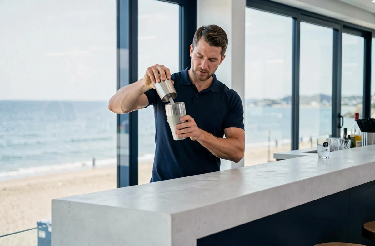 Bartender au bar à cocktails NEXXT à Palavas-les-Flots avec vue panoramique sur la mer Méditerranée