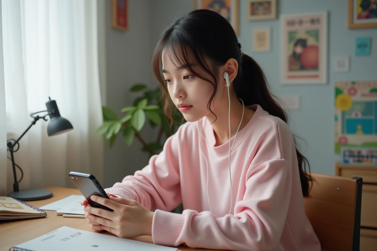 Adolescente optimisant la lecture de manga en mode paysage sur smartphone dans sa chambre