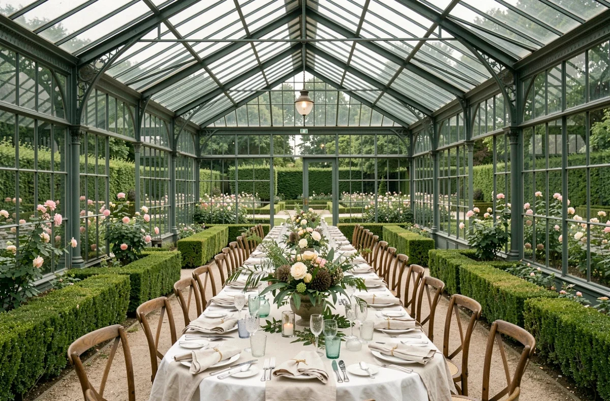 Intérieur de L'Orangerie de Neuville avec tables dressées sous une verrière en fer forgé et jardin à la française en arrière-plan