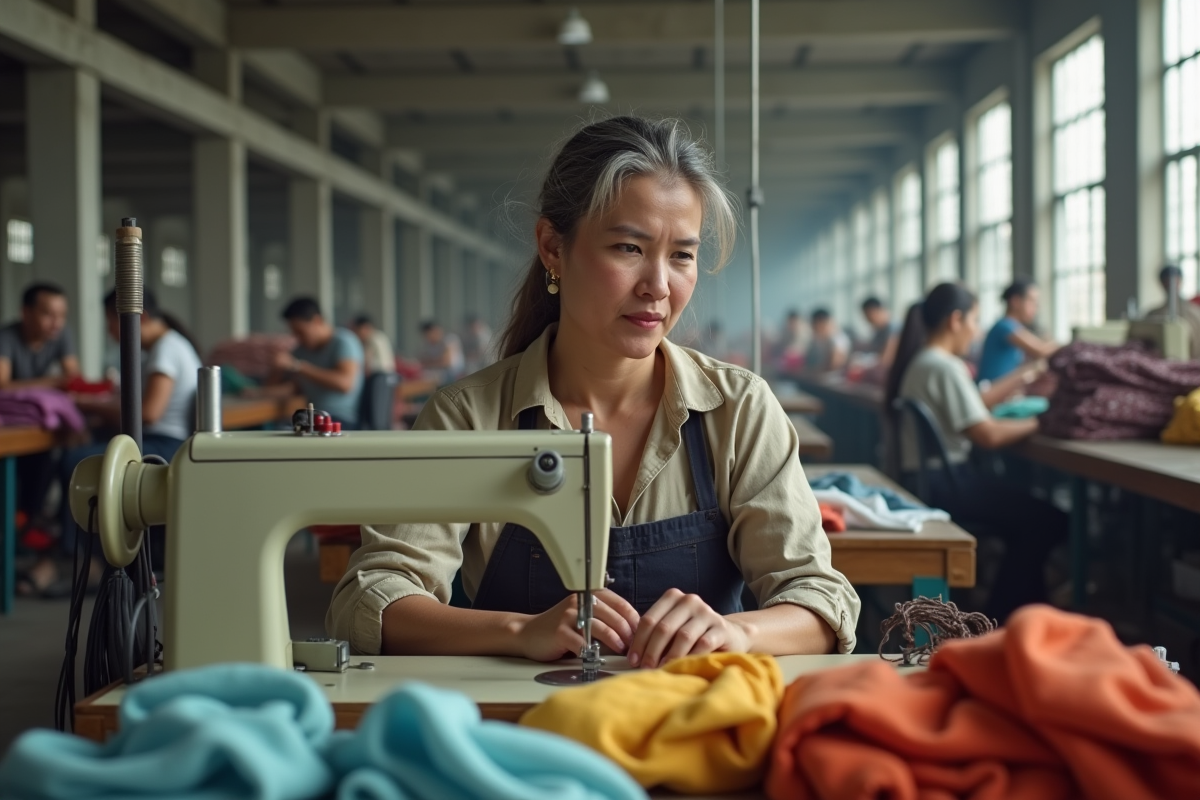 Ouvrière cousant des vêtements dans un atelier textile