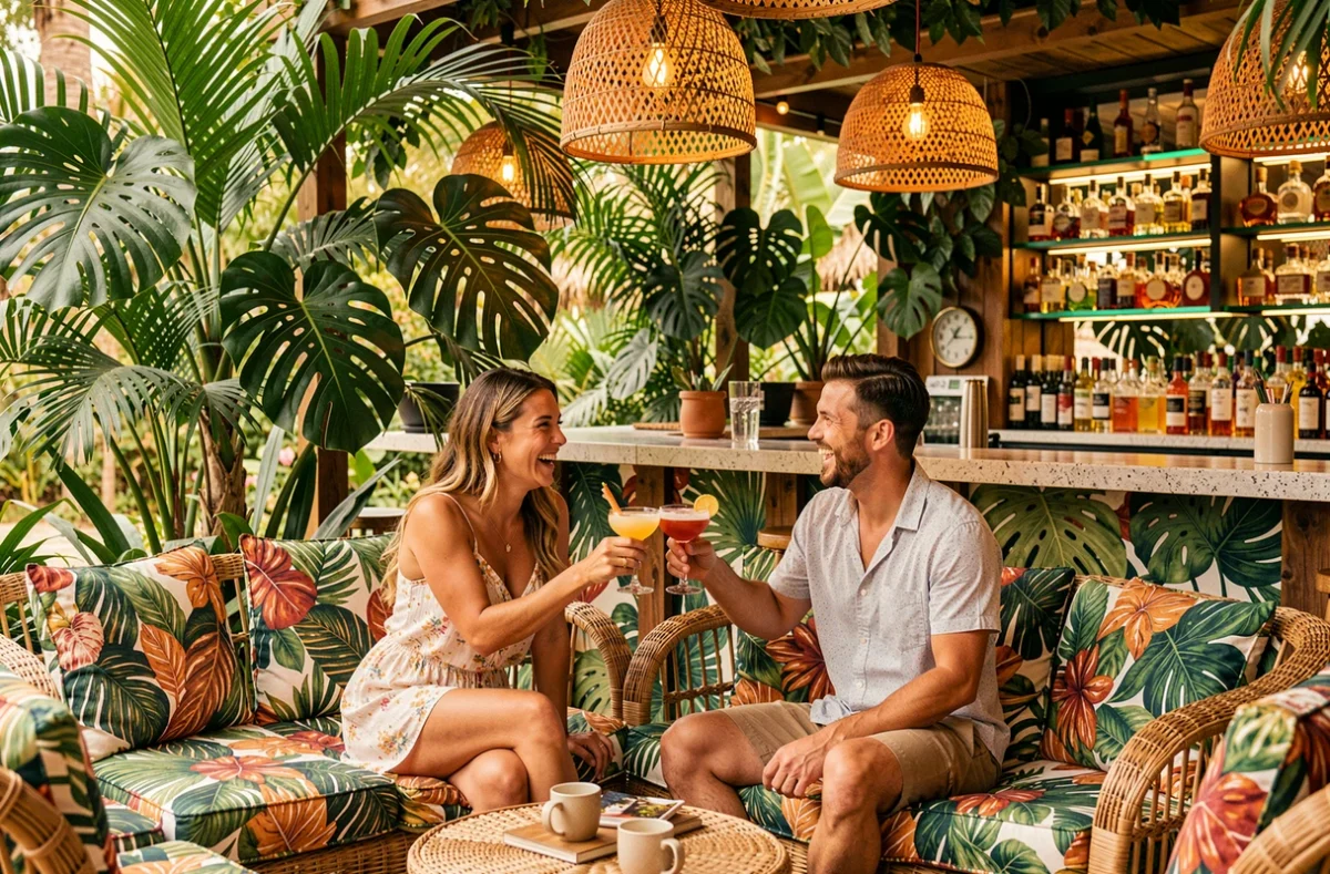 Couple profitant d'un cocktail dans l'ambiance tropicale du bar lounge Ozi'Love de l'Oz'Inn au Cap d'Agde