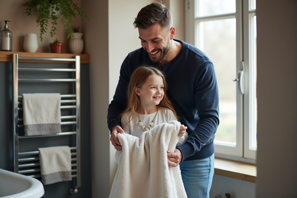 Pere souriant enveloppant sa fille dans une serviette dans la salle de bain