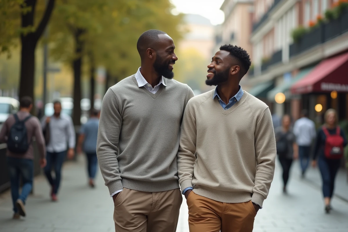 Fils et père marchant dans une rue urbaine