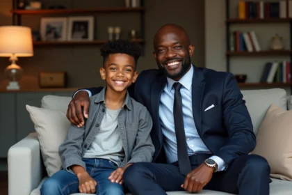 Père et fils souriants dans un salon cosy