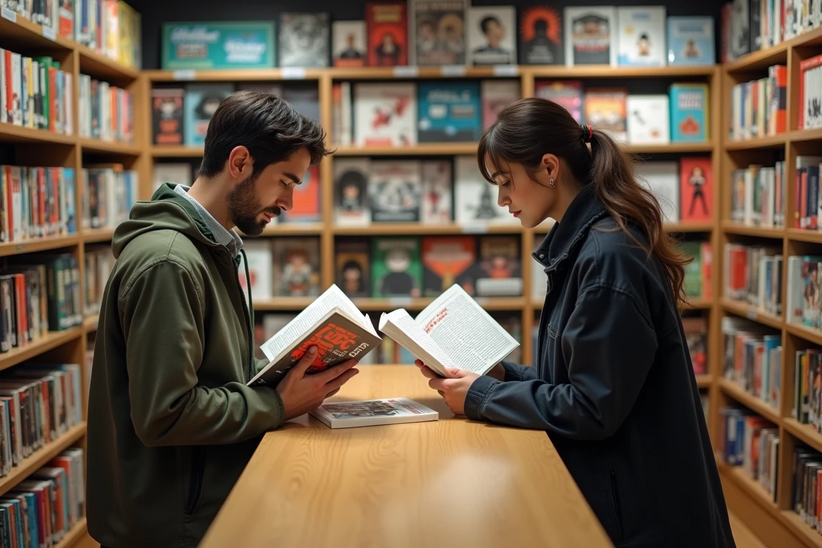 Deux passionnés de manga comparant les versions japonaise et française d'un même volume dans une librairie spécialisée