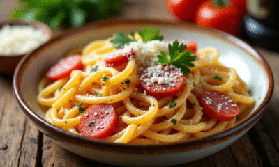 Pâtes fraîches avec chorizo tranché et parmesan