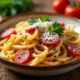 Pâtes fraîches avec chorizo tranché et parmesan