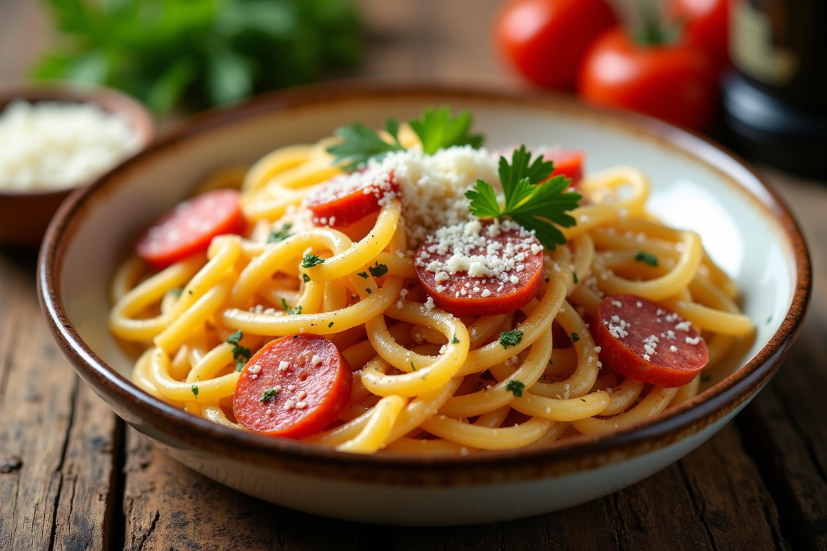 Pâtes fraîches avec chorizo tranché et parmesan