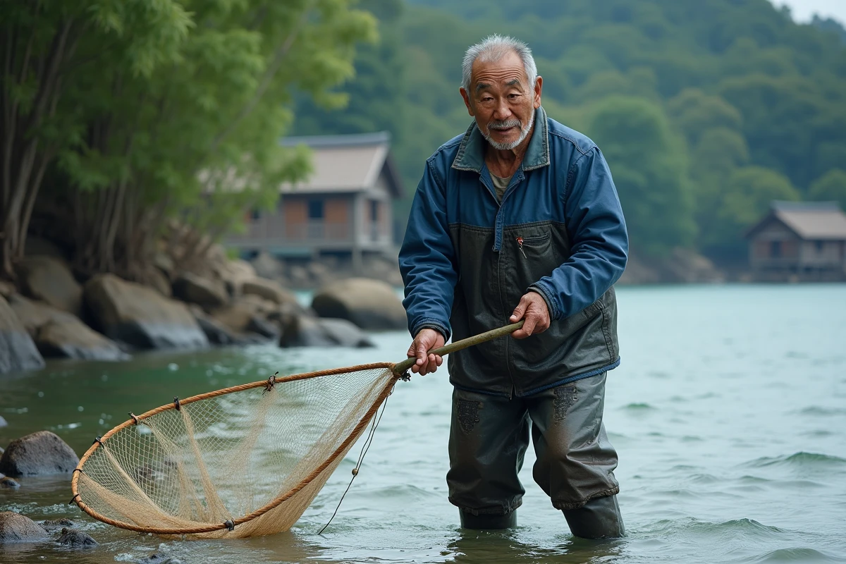 Pêcheur japonais traditionnel dans une baie rocheuse lançant un filet à la main avec des huttes de pêche en arrière-plan