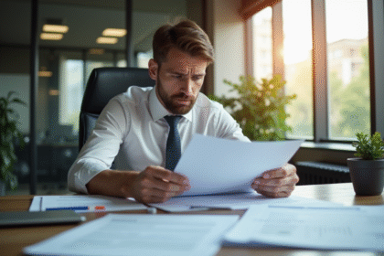 Personne d'affaires analysant documents fiscaux dans un bureau lumineux