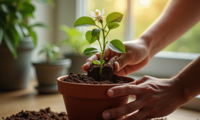 Main plantant un jasmin dans un pot en terre cuite humide