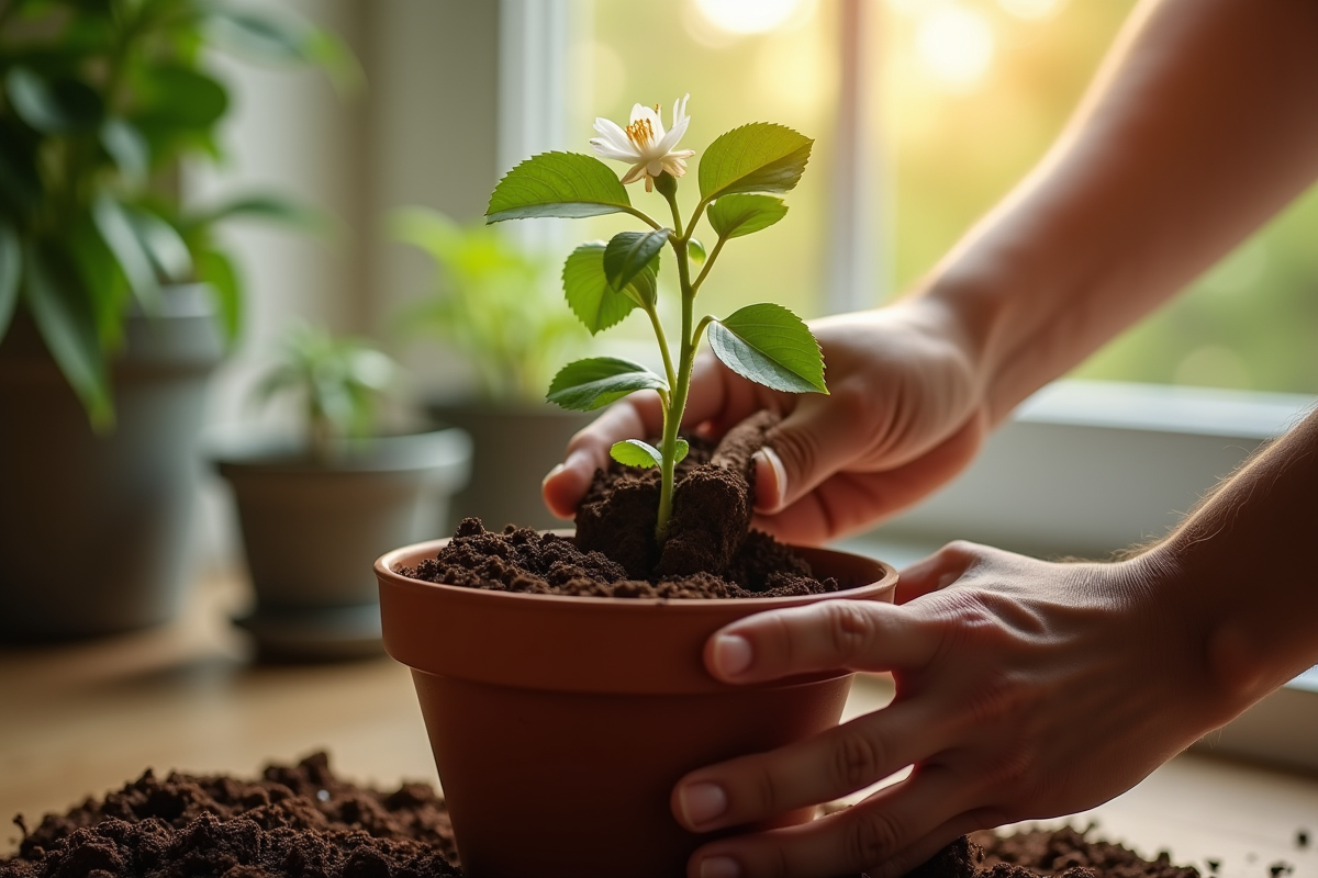 Main plantant un jasmin dans un pot en terre cuite humide