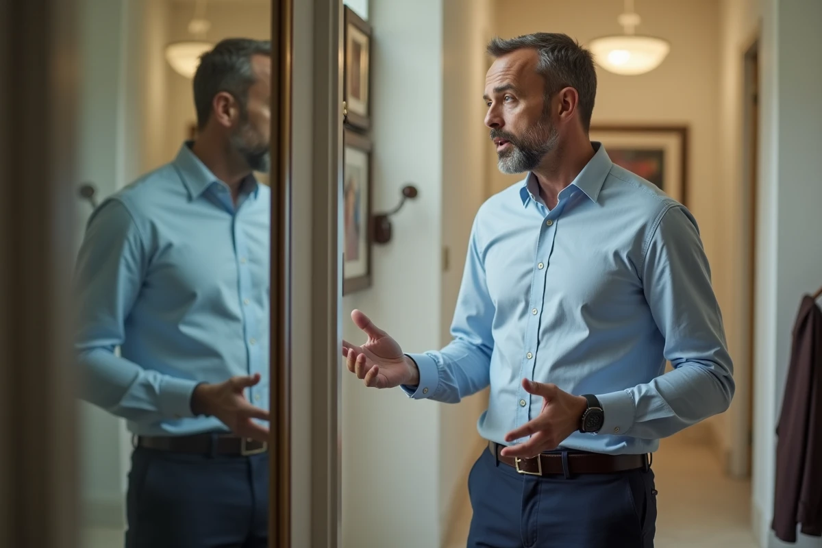 Homme s'entraînant devant un miroir pour un casting télévisé, préparation audition jeu La roue de la fortune