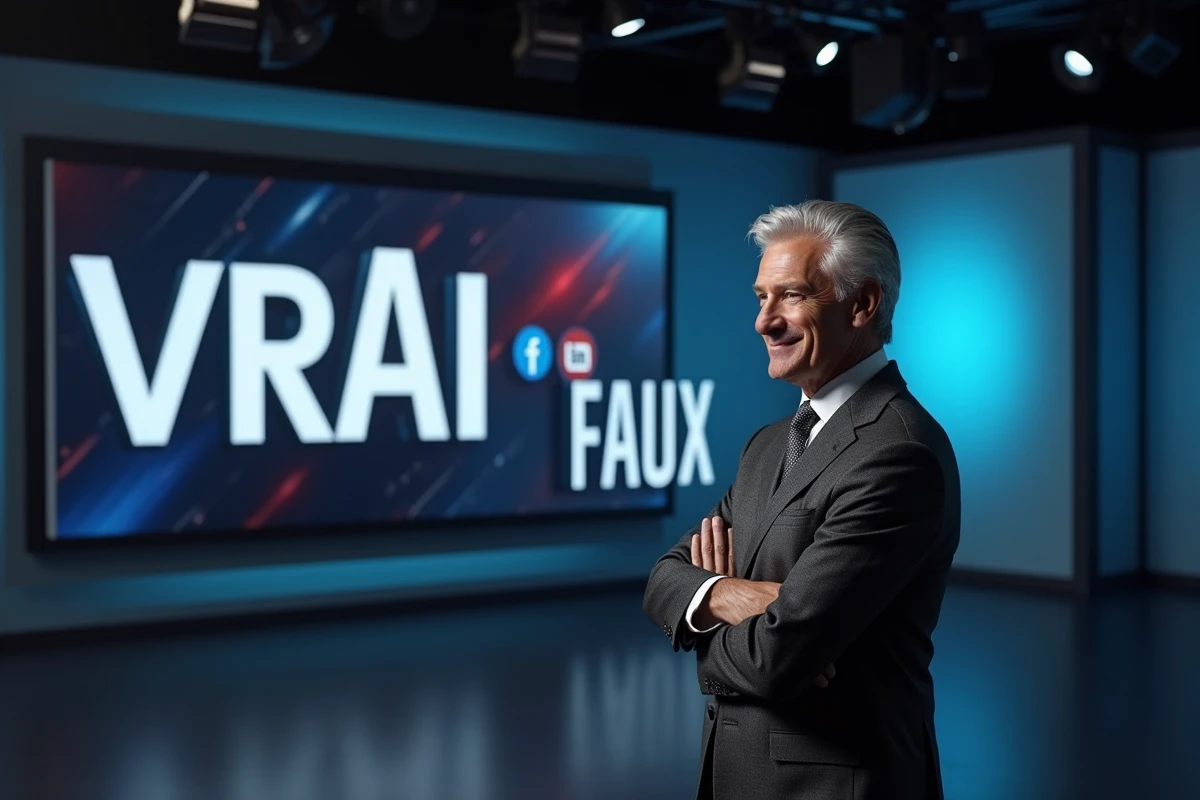 Présentateur de journal télévisé français devant un écran affichant vrai ou faux, symbolisant le débat sur la désinformation médiatique