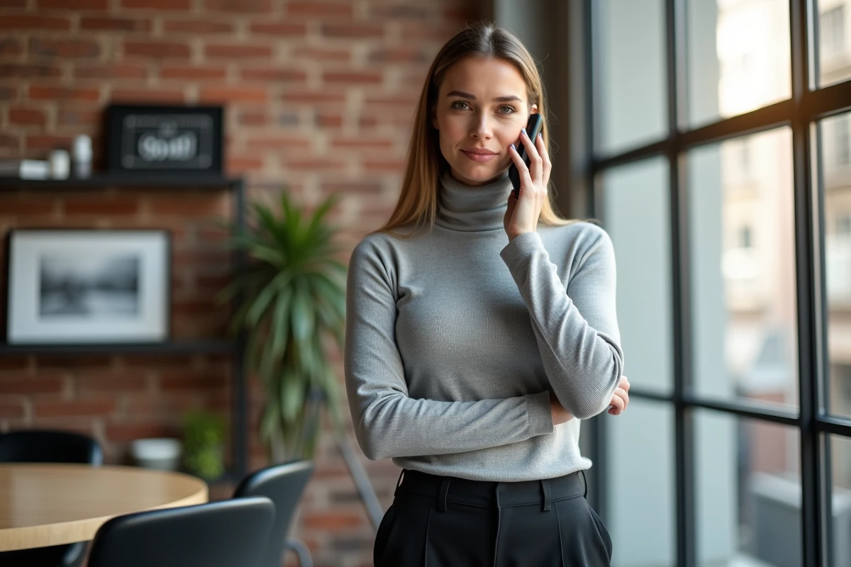 Professionnelle en contact téléphonique dans un studio loft pour une collaboration éditoriale