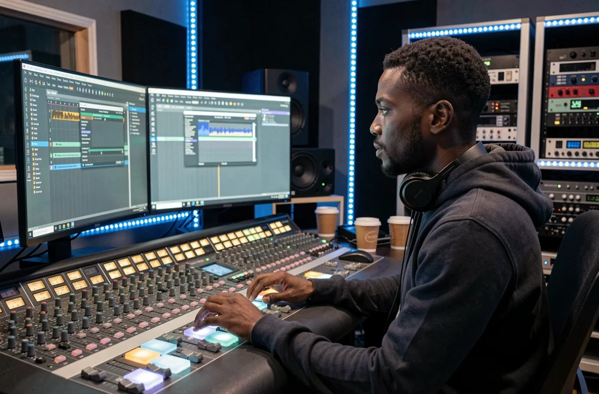 Producteur de musique hip-hop travaillant sur un logiciel de correction pitch auto-tune dans un studio professionnel