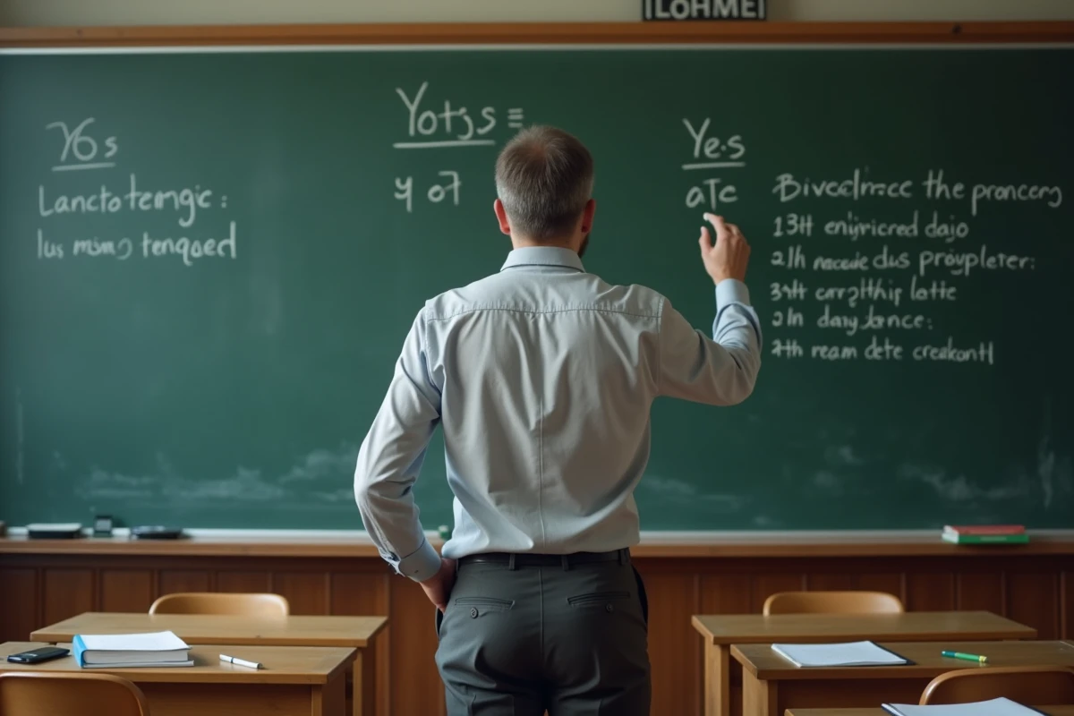 Professeur de français debout devant un tableau noir montrant la règle grammaticale de la majuscule à la lettre Y dans une salle de classe