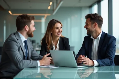 Trois professionnels en réunion dans un espace de travail moderne