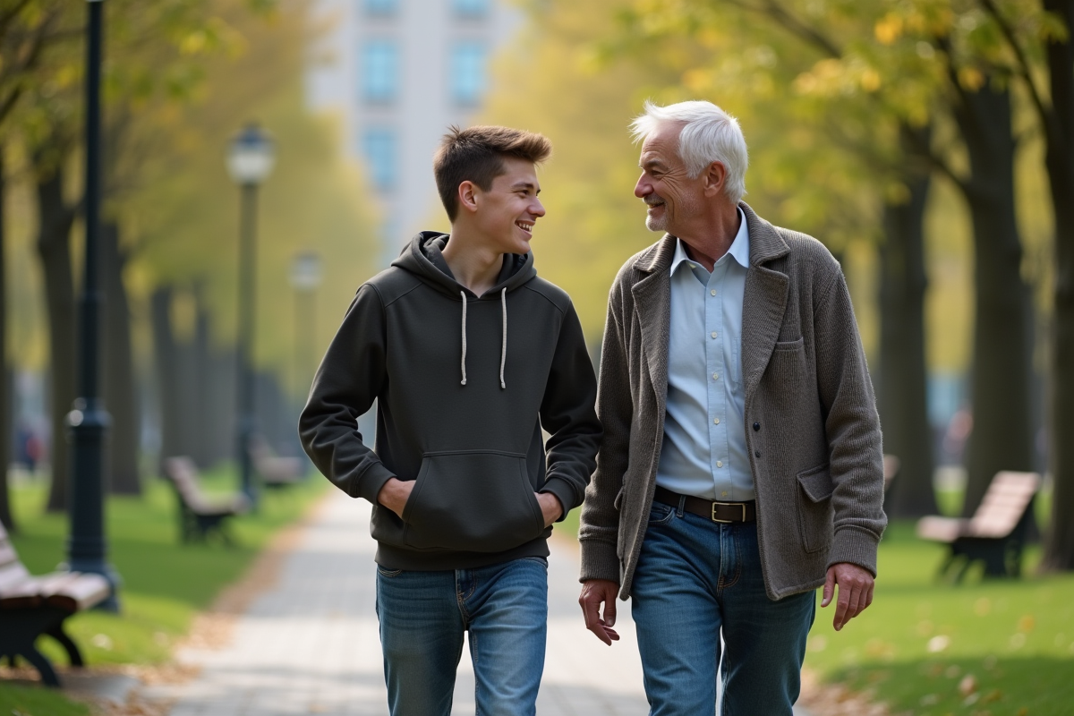 Jeune garçon et senior marchant dans un parc urbain