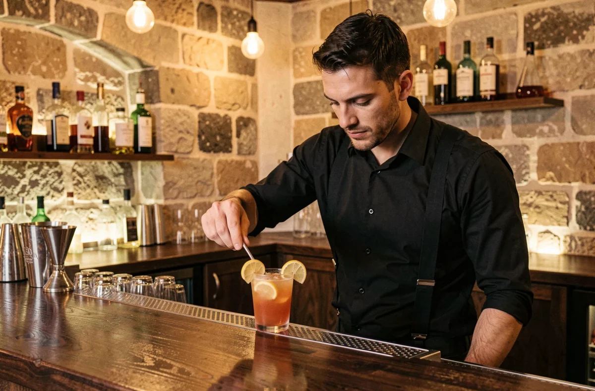 Bartender préparant un cocktail artisanal au Quatrième Tiers, bar à cocktails dans le quartier de l'Écusson à Montpellier