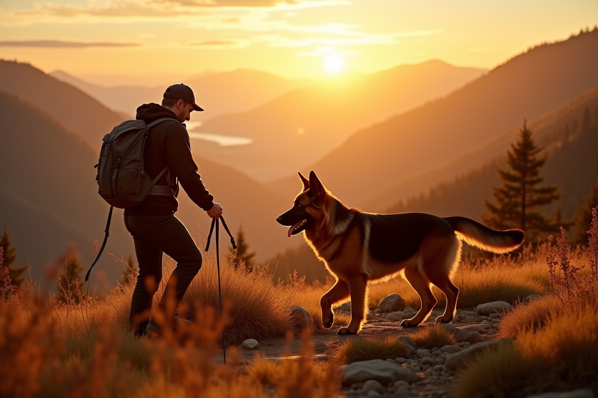Chien berger allemand en randonnée en montagne au coucher du soleil