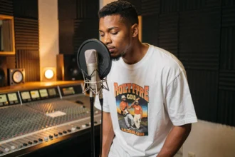 Rappeur américain enregistrant des vocals en studio avec microphone à condensateur et console de mixage en arrière-plan