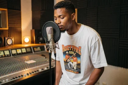 Rappeur américain enregistrant des vocals en studio avec microphone à condensateur et console de mixage en arrière-plan