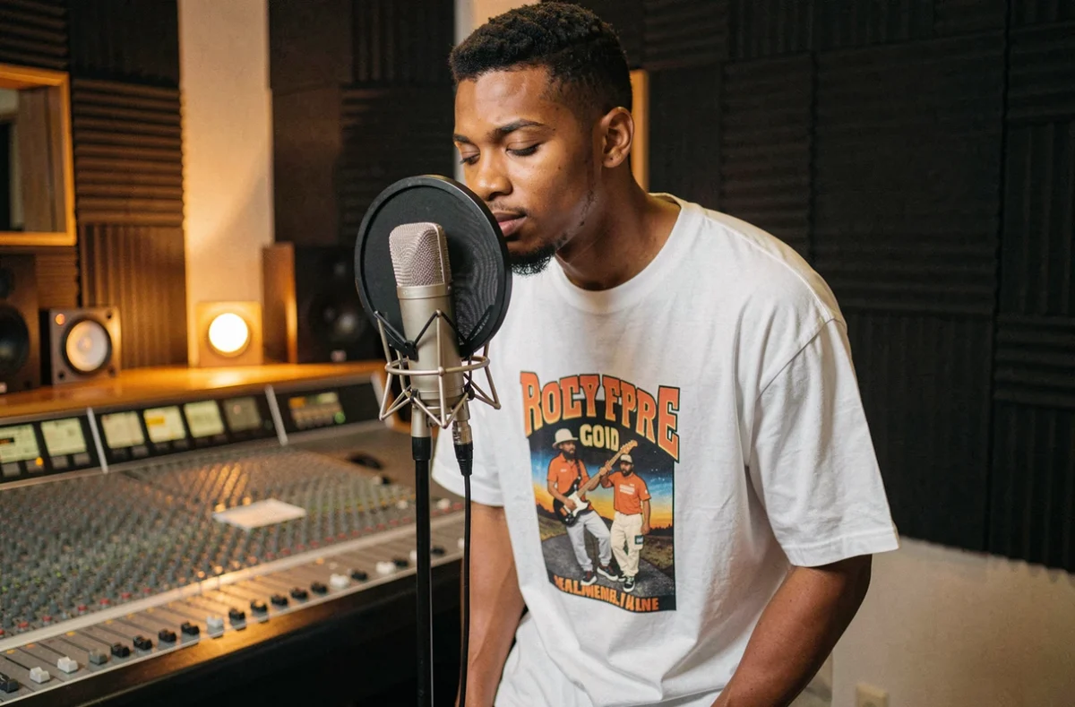 Rappeur américain enregistrant des vocals en studio avec microphone à condensateur et console de mixage en arrière-plan