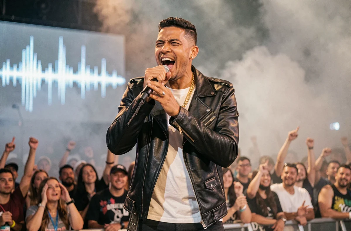 Rappeur latino performant en live sur scène avec microphone sans fil devant une foule et écran LED
