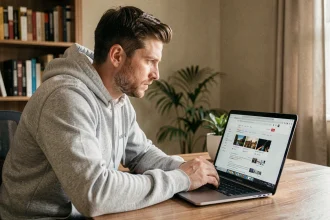 Homme recherchant une adresse en ligne sur un ordinateur portable dans un bureau à domicile moderne en 2026