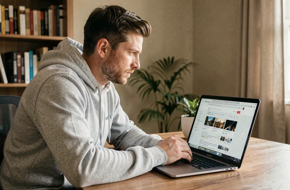 Homme recherchant une adresse en ligne sur un ordinateur portable dans un bureau à domicile moderne en 2026