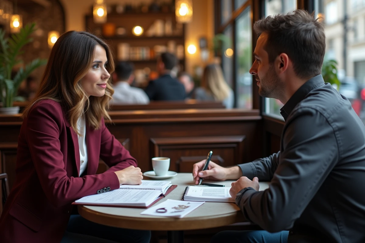 Réunion de collaboration médiatique entre deux professionnels dans un café parisien
