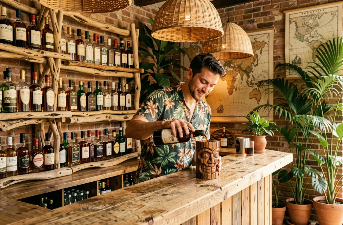 Intérieur exotique du bar à rhum Le Rhum Runner à Montpellier avec décor tropical et collection de rhums