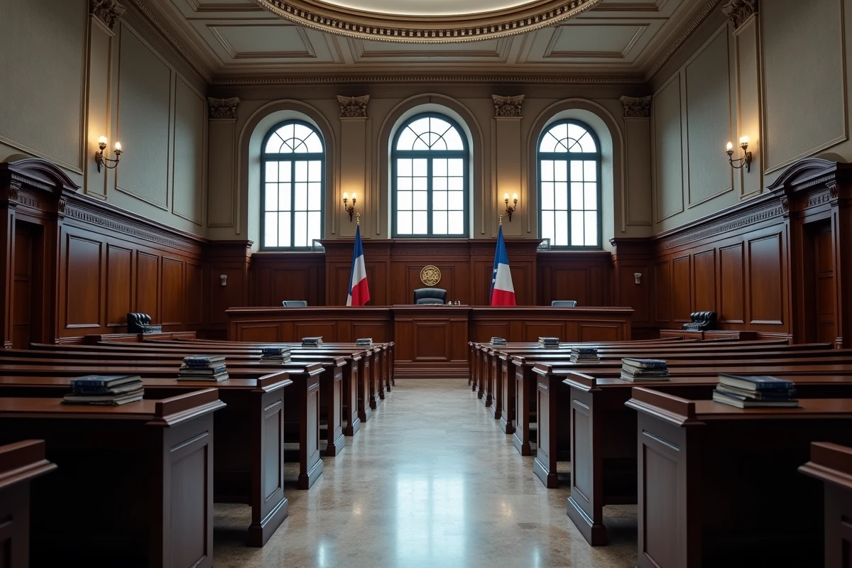 Salle d'audience vide d'un tribunal administratif français avec bancs en bois et emblème de la République