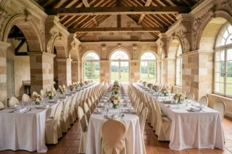Vue d'ensemble d'une salle de réception élégante en Haute-Garonne avec arches en pierre, tables dressées et décoration florale