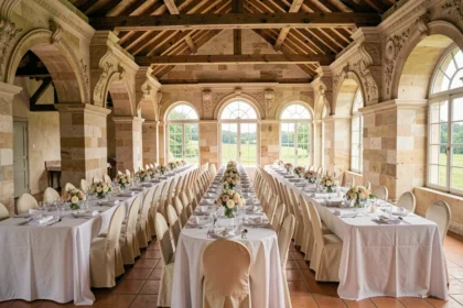 Vue d'ensemble d'une salle de réception élégante en Haute-Garonne avec arches en pierre, tables dressées et décoration florale