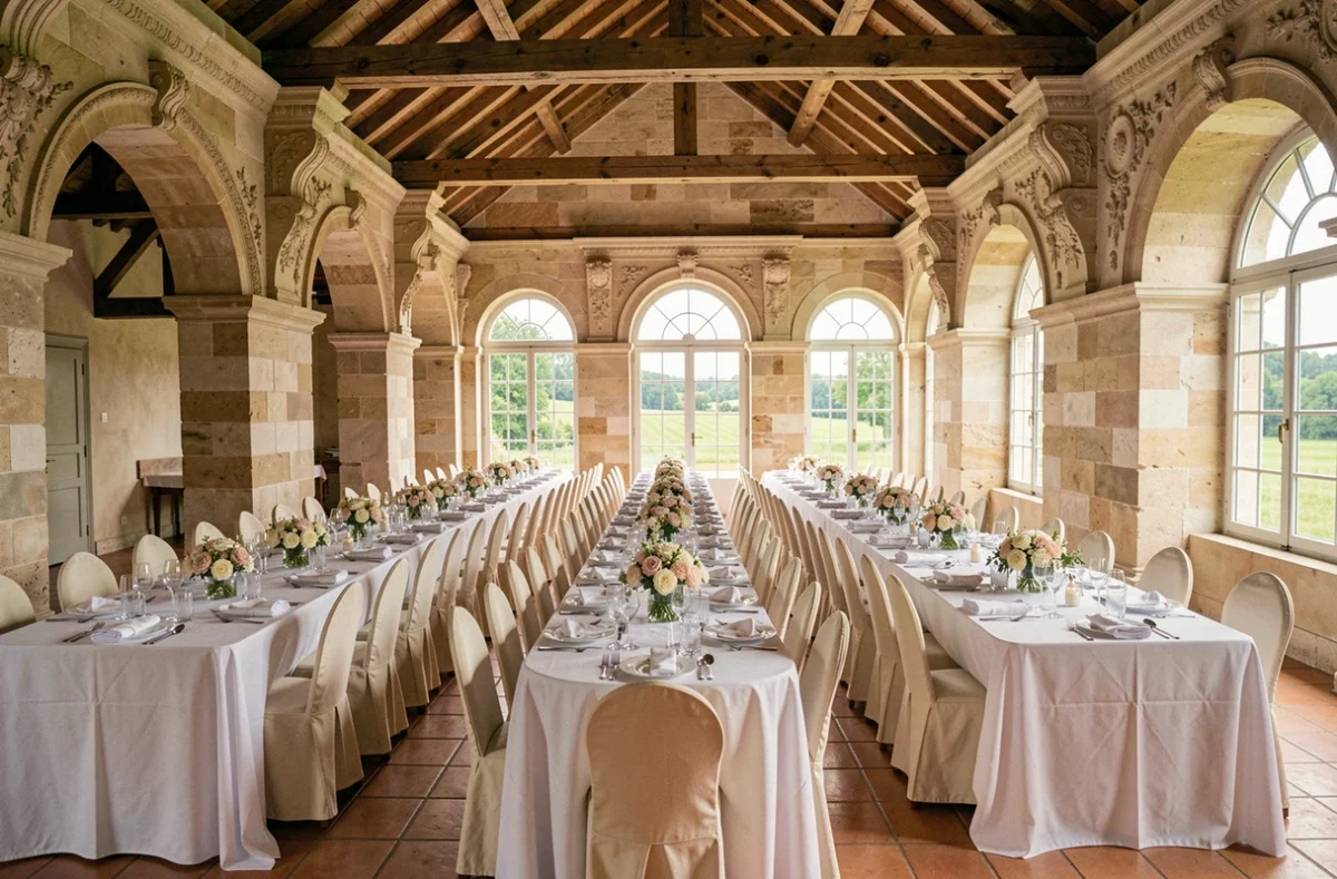 Vue d'ensemble d'une salle de réception élégante en Haute-Garonne avec arches en pierre, tables dressées et décoration florale