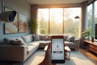 Salon moderne avec camera wifi et smartphone alerte securite