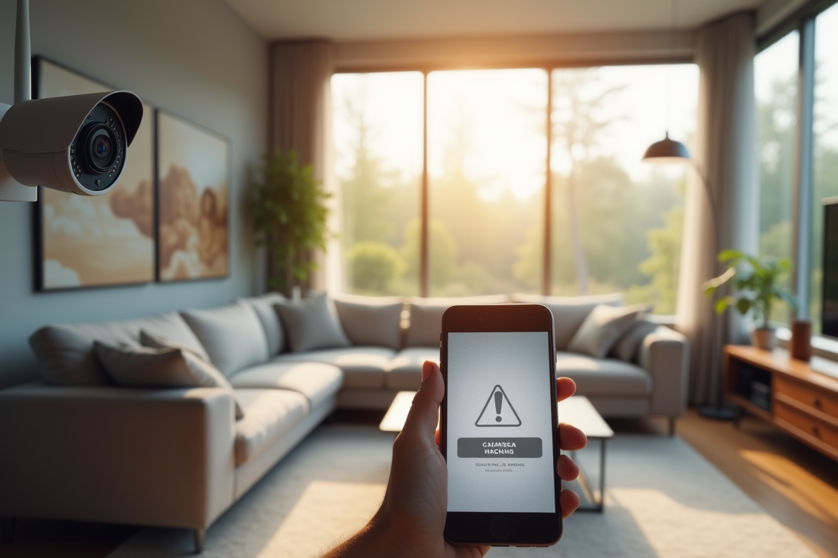 Salon moderne avec camera wifi et smartphone alerte securite